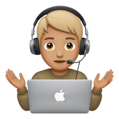 person sitting behind a MacBook, recording himself with an iPhone, apple style emoji sticker