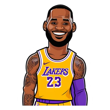 LeBron James in a cartoon sticker style, wearing a Lakers jersey, smiling sticker