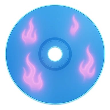 A minimalist CD disc with subtle pink flames, glowing effect, variation 2, color: blue sticker