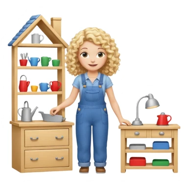 smiling blonde curly woman arranging furniture in doll house with overalls sticker