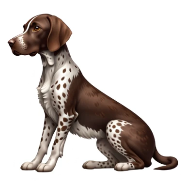 cinematic-[german pointer]-realistic-full-body-sitting-emoji,-tail-resting-loosely-beside-its-paws,-head-tilted-dramatically,-sleek-[brown and white spotted]-fur,-simplified-yet-realistic-focused-features,-highly-detailed,-glowing-with-an-almost-sarcastic-glow sticker