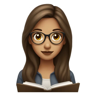 Girl with long brown hair and hazel eyes with brown glasses reading a kindle sticker