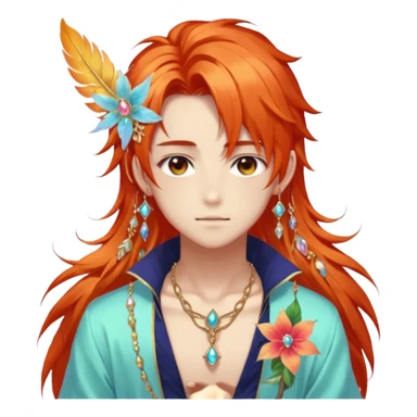 Beautiful gorgeous anime boy with beautiful fiery-special-medium-long-hair, fashion aesthetic, ethereal, fairycore, pastelcore, feather, flower, gems, accessories, jewelries, gold, colorful sticker