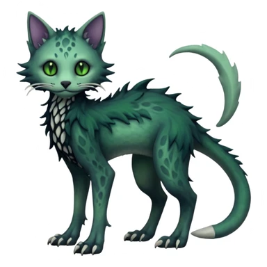 Scaley Kawaii spectral spooky dark bleak blackish swampy white-skeletal gloomy ghostly dark greyish dark-deep-greenish foggy eldritch beautiful realistic edgy fantasy ghoul-like stitched feline-vernid-sergal-fursona animal creature with a tufted tail full body with intricate markings  sticker