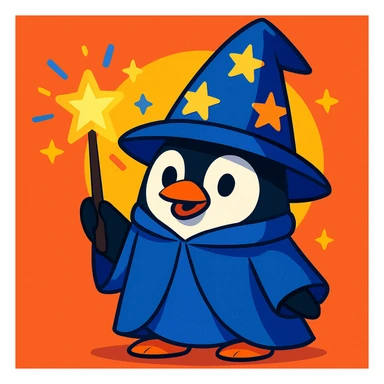 a penguin wizard with a starry hat and magic wand, fun colorful style sticker
