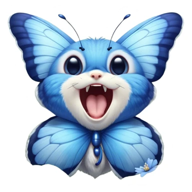 Cinematic Realistic Cute Yawning Blue Butterfly Portrait Emoji, Head tilted slightly with a dramatic, wide-open yawn, showcasing soft, downy sapphire wings with delicate, natural droop and half-closed, drowsy eyes rendered in exquisite detail, high shine, relaxed yet expressive, styled with a dash of subtle garden charm, soft glowing outline, capturing the essence of a sleepy yet affectionate blue butterfly that appears ready to rest its wings in quiet, enchanted slumber! sticker