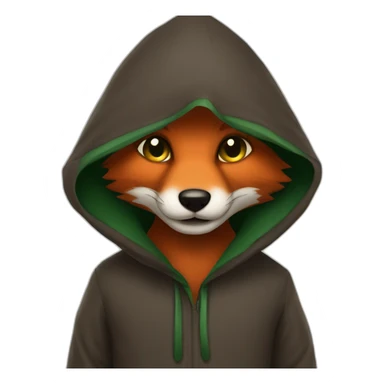 a small dark brown fox with orange eyes with a dark green hood that smile sticker