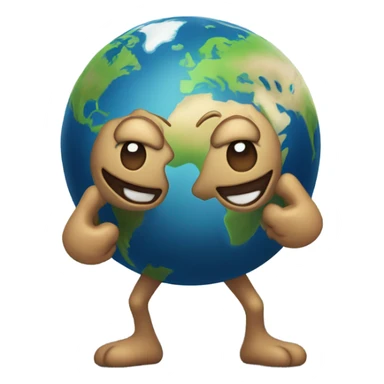 Anthropomorphic planet earth with arms and legs and a face sticker