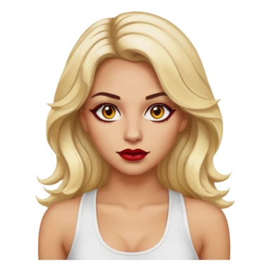 a woman with white tank top her hair is long wavy blonde hair, her face is baddie girl style, her eyes color are yellow and the color of her lip is red maroon sticker