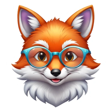 A sly fox with iridescent fur, a glowing tail, a silver star on its forehead, and round glasses, giving a mischievous smirk sticker