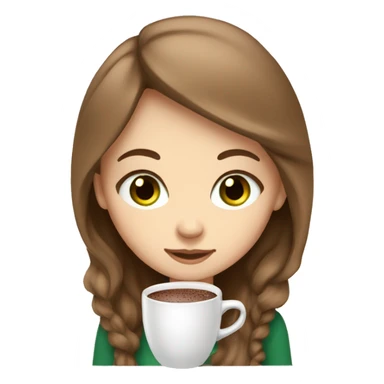 white girl with brown long hair green eyes and a hot chocolate sticker
