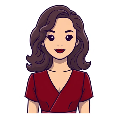 Elegant high-profile woman with glowing fair skin, long dark straight hair with soft waves, large dark eyes with dramatic makeup, defined eyebrows, full red lipstick, wearing wine red velvet dress with V-neckline, glamorous confident smile sticker