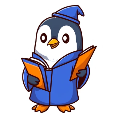 penguin wizard with blue robe and magic book sticker