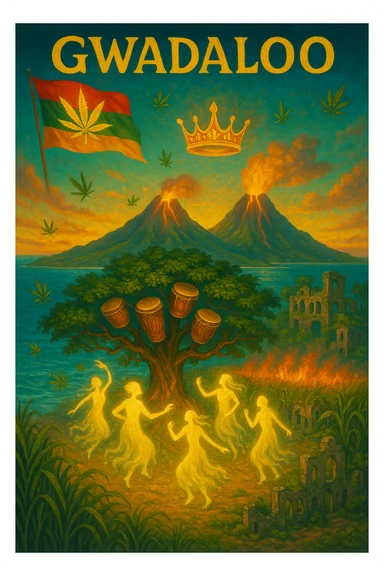 “Depict a mystical reimagining of Guadeloupe, a sacred French Caribbean island renamed Gwadaloo in spiritual rhythm. The landscape blends lush green mountains, twin volcanoes erupting golden light, and deep turquoise sea. In the center stands a legendary Drum Tree — its branches grow carved wooden drums instead of fruit, and glowing ancestral spirits dance around it in a circle of rhythm. Sugarcane fields burn gently in the background, symbolizing the release of colonial pain, while ganja leaves drift in the wind like blessings. Overhead, a sacred ganja-leaf flag flutters in the sky with red, green, and gold colors. A Creole crown floats in golden light above the island, not on any man’s head, but pulsing to the beat of the land. In the distance, ghostly ruins of colonial buildings crumble into dust, reclaimed by vines and time. Use a vibrant, cinematic color palette with warm golden light, deep greens, glowing reds, and ocean blues. Style the scene as prophetic, surreal, and empowering — a vision of Caribbean sovereignty, rhythm, and soul remembrance." sticker