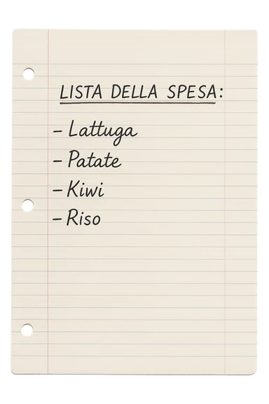 FOGLIO DI CARTA A RIGHE CON LISTA DELLA SPESA SCRITTA A PENNA:
"LISTA DELLA SPESA:
- Lattuga
- Patate
- Kiwi
- Riso", iperealistico 4k sticker