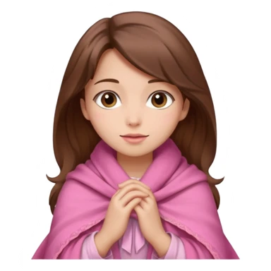 A girl with brown hair, wearing a pink shawl, has beautiful features and her hand rests on the shawl. sticker