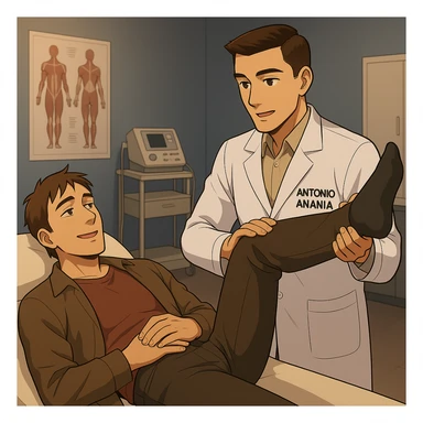 fai un webtoon manga a colori con questo stile, in cui un uomo è steso sul lettino medico e il kinesiologo con il camice bianco (fagli anche la scritta "ANTONIO ANANIA" SUL CAMICE, gli solleva una gamba per fargli il test neuromuscolare, IL KINESIOLOGO SPIEGA ALL'UOMO UNA cosa mentre gli alza la gamba. non fare i fumetti però, fai solo in modo che sembri stiano parlando sticker