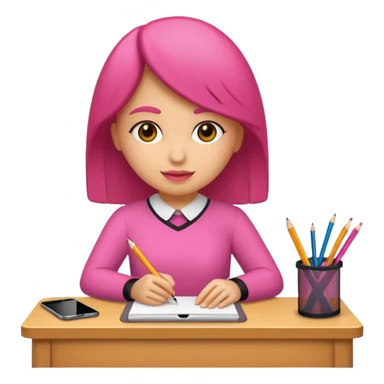 chica rosa pensando ideas con un escritorio sticker