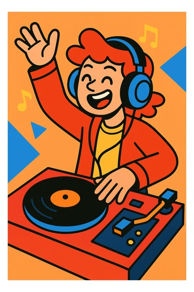 vibrant and energetic deejay character wearing headphones with a turntable, modern style sticker