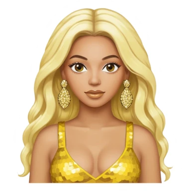 Beyonce with long platinum blonde hair, yellow sequin crop top, yellow earring sticker