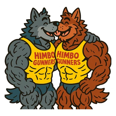 two hyper-muscular wolf furry characters in 'Himbo gunners' t-shirts, kissing, big smiles, playful and affectionate, oversized and detailed muscles, intricate fur, ultra high quality sticker