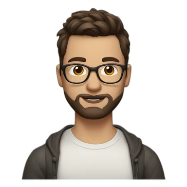 guy with clear glasses and earring in left ear, dark eyes, short brown hair with a fringe, large lips, pale skin and beard sticker