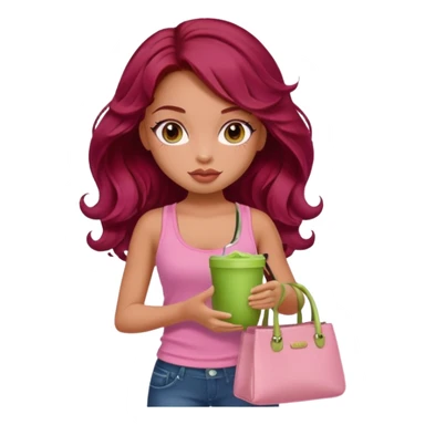 a pretty fair bratz girl with wavy dark red hair, wearing a pink tank top , carrying a matcha and a pink bag sticker
