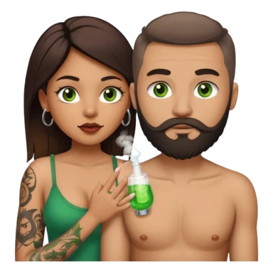 Brown eyed Latina woman with pierced nipples, small breasts and tattoos giving a blowjob to a white man with green eyes and a beard  sticker