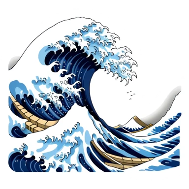 Cinematic Realistic Great Wave off Kanagawa, depicted as a colossal, crashing wave with dynamic blue hues and frothy white crests, rendered with intricate textures and fluid motion that captures both the timeless power and poetic beauty of the iconic Japanese artwork sticker