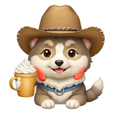 Agouti Malamute puppy wearing cowboy hat and smiling with cup of whipped cream sticker