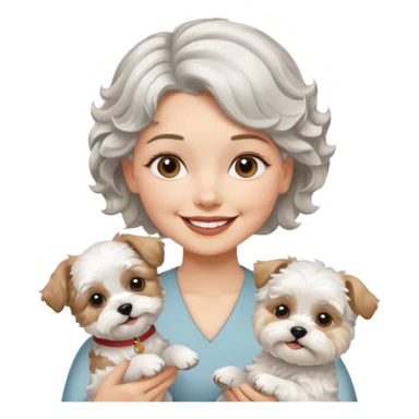 silver, short, wavy-haired with loose curls, smiling pretty lady holding a white west highland terrier dog and a white and tan shih tzu dog sticker
