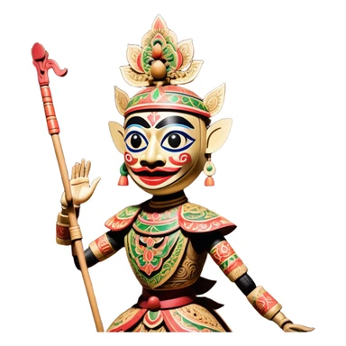 Golek Ayun-ayun – Cinematic Realistic Wayang Golek Ayun-ayun, depicted as an intricately carved traditional wooden puppet with vibrant painted details and expressive features, set on a dimly lit stage with dramatic shadows that evoke centuries of Indonesian theatrical heritage, rendered with lifelike textures and subtle ambient glow. sticker