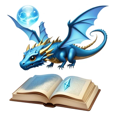 Icon for Fantasy and Sci-Fi Reading: an open book with magical creatures like dragons and fairies flying out, with a futuristic spaceship in the sky and a wizard casting spells. The icon should represent the magic and adventure of fantasy and science fiction worlds. Transparent background. sticker