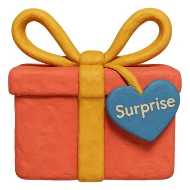 Recreate the blue heart-tagged pink gift in a claymation style, with the name 'Surprise' on the tag, no background. sticker
