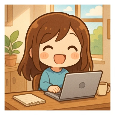 Add a laptop on the desk in front of the chibi character, maintaining the cheerful scene. sticker