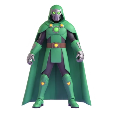 Doctor Doom standing tall with glowing green eyes behind his metal mask, full body view sticker