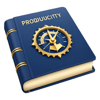 A navy blue productivity book with gold details, chart with upward trend on the cover, radiating productivity, strategy, and success in motion- sticker