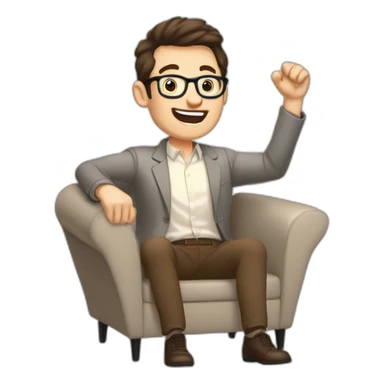 Joyful Celebrating victory Hands up Pale skinned Fit Man With dark brown hair in gray jacket, beige office shirt, Brown pants and vintage glasses sitting In a soft chair sticker