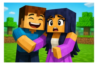 Add a laughing expression to the boy and a surprised expression to the girl in Minecraft style. Maintain the blocky, pixelated Minecraft style with simple, colorful textures and cubic shapes. sticker