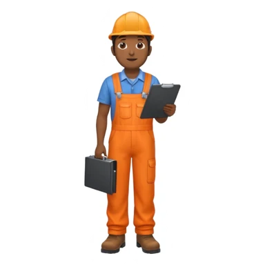 Indian male railway engineer orange overalls, boots holding a clipboard view from rear sticker