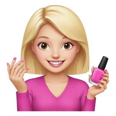 A happy blonde girl in pink holds nail polishes in her hand sticker