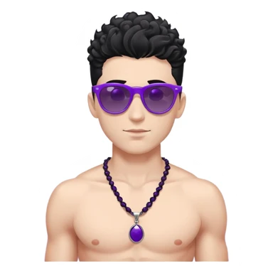 shirtless male athlete with white skin and moderately curly black hair on top with shaved sides, wearing purple sunglasses with black tinted lenses and a shiny black necklace sticker