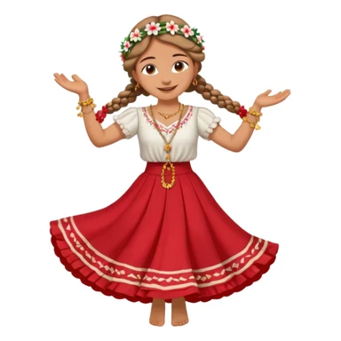 smiling barefoot Paraguayan woman dancing in a red wide skirt, flower headpiece, braids, white blouse, golden rosary sticker