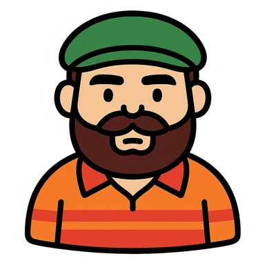 Make the character resemble the man in the reference photo more closely, focusing on facial features, eyebrows, beard and mustache shape, hat, and shirt details. Use a modern icon style. sticker