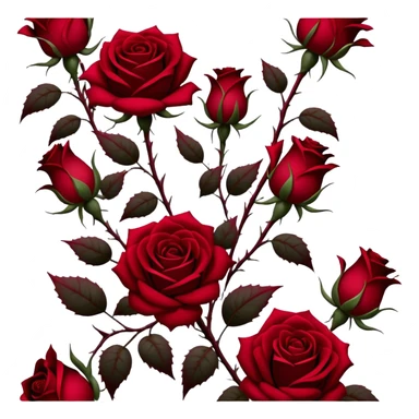 A hauntingly beautiful scene of deep red Gothic roses, their velvety petals unfolding in shades of ruby, burgundy, and scarlet. Dark thorns twist around them, emerging from the shadows like a forbidden love story. sticker