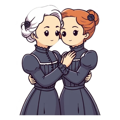 Two Victorian women with light eyes, one with white coiffed hair and one with copper coiffed hair, wearing Victorian high-neck dresses, embracing in a sad intimate hug sticker