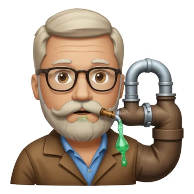 50 year old bearded and moustached white male wearing glasses. In his mouth is a sewer pipe and out the end is flowing brown liquid into a street gutter. sticker