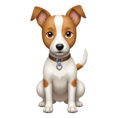 a full body white jack russel looking dog the size of a kelpie with light brown ears and a light brown patch on one eye and a large snout sticker