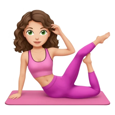 White, green-eyed, brunette cute feminine lady emoji with wavy hair doing pilates wearing pink pilates fit sticker
