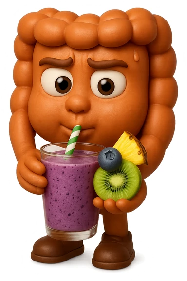 EMOJI STILE IPHONE DI un intestino umano anatomico che beve un frullato di mirtilli, ananas, kiwi, fagli anche la parte bianca degli occhi, non solo le pupille, REALISTICo 4K sticker